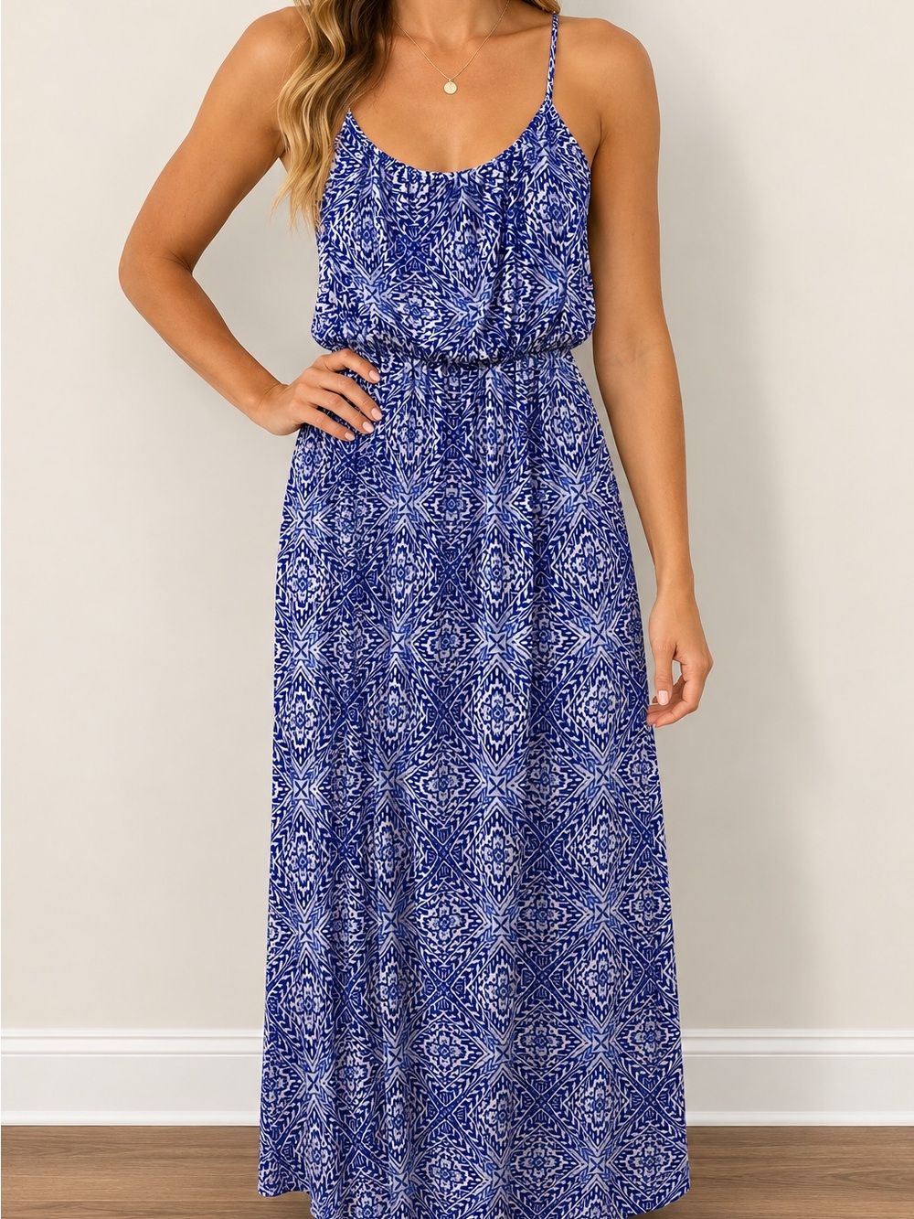 Kaileigh Blue Printed Spaghetti-Strap Maxi Dress